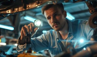 Wall Mural - Auto mechanic handsome man examining undercarriage of a car with a flashlight in repair shop