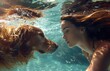 Underwater action. Young woman play with fun, training dog in swimming pool - jump and dive. Active water games with family pet