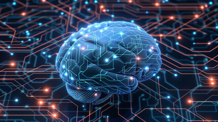 Poster - synergies of human mind with circuit board background, futuristic, technology