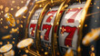 slot machine showing 777 with flying golden coins and confetti, casino, gambling and winning concept 