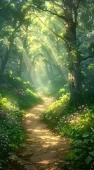 Wall Mural - enchanted forest path. tranquil journey through nature's splendor, where sunlight filters through lu