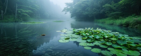 Wall Mural - tranquil river enveloped in morning mist. serene landscape where nature flourishes along the banks o