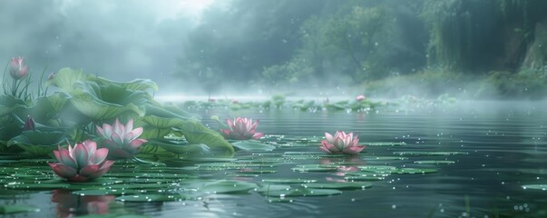 Wall Mural - tranquil river enveloped in morning mist. serene landscape where nature flourishes along the banks o