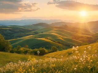 Wall Mural - sunset over the meadow: a breathtaking landscape bathed in the warm glow of the setting sun. nestled