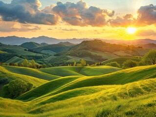Wall Mural - sunset over the meadow: a breathtaking landscape bathed in the warm glow of the setting sun. nestled