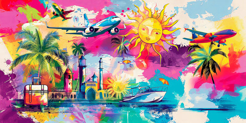 Summer adventure. Pop art collage with an image of an airplane.