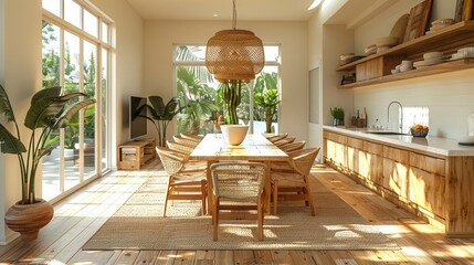 Poster - 34m Realistic modern bright dining room with wooden table and chairs 