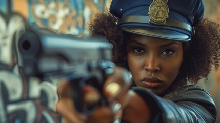 Wall Mural - Police woman, cop. Portrait of a female police officer in uniform