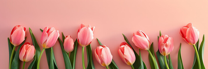 Wall Mural - Pink tulip flowers on pastel peach background. banner design, woman day, mothers day