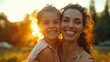 Mother and Daughter's Joyful Embrace at Sunset Generative AI