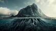 The mountain stands tall against the horizon its roots stretching deep into the earth as the sea whispers secrets of untold depths