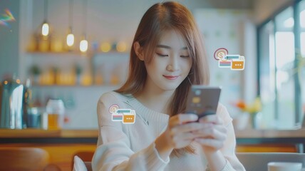 Asian woman holding mobilephone and credit card with various icon concept payment pay for food house, car, water, electricity, telephone bills