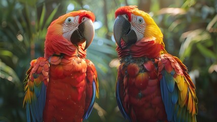 Wall Mural - Colorful parrots side by side in lush tropical setting