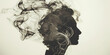 black smoke is blowing out of the top and the bottom in the style of abstract portraits A woman with long hair and a white background that says quota smoke quit  woman with smoke coming out of her hea