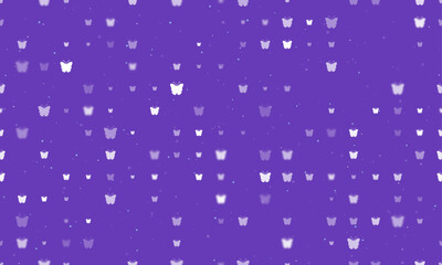 Poster - Seamless background pattern of evenly spaced white butterfly symbols of different sizes and opacity. Vector illustration on deep purple background with stars