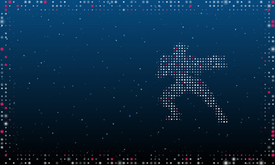 Poster - On the right is the combat robot symbol filled with white dots. Pointillism style. Abstract futuristic frame of dots and circles. Some dots is pink. Vector illustration on blue background with stars