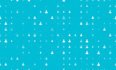 Poster - Seamless background pattern of evenly spaced white flared dress symbols of different sizes and opacity. Vector illustration on cyan background with stars