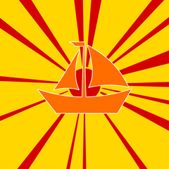 Poster - Sailing boat symbol on a background of red flash explosion radial lines. The large orange symbol is located in the center of the sun, symbolizing the sunrise. Vector illustration on yellow background
