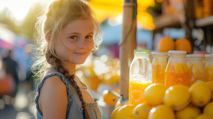 young caucasian american girl kid running a lemonade stand in the street