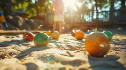 People playing boules on sand with colorful balls on summer holidays