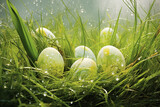 Fototapeta  - œufs de Pâques colorés à l'encre, dans les tons verts, dans l'herbe le matin avec de la rosée dessus. Chasse aux œufs en chocolat à Pâques.