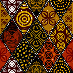 Aufkleber - Seamless african pattern. Ethnic and tribal motifs. Brown, red, khaki and black colors. Grunge texture. Vintage print for textiles. Patchwork style. Vector illustration.