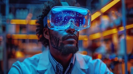 Wall Mural - a scientist in a white lab coat with an Apple Vision headset controlling molecules in the air and exploring how they combine in a futuristic 3D hologram 