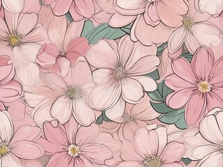 Wall Mural - Pastel pink flowers light watercolor design background in seamless repeating pattern from Generative AI