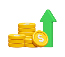 3d money growth with arrow. Gold coins. Business and finance concept. Investment profit. Isolated on transparent background. Render illustration PNG.