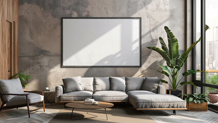 Sleek Showcase: Blank Poster Mockup in a Clean, Gray Modern Interior