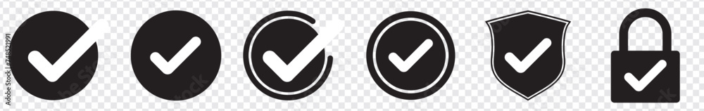 black check mark icon set isolated on white background. circle tick ...