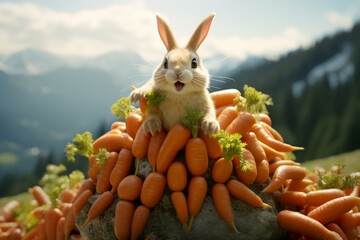 Wall Mural - Mountainous Happy mountain rabbit with heap of carrots. Wild furry hare with veggies harvest in nature habitat. Generate ai