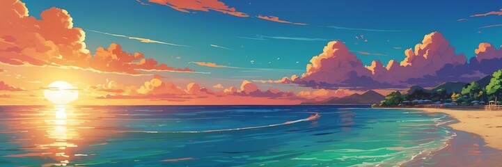 Wall Mural - Wide angle animation anime panoramic landscape of a coconut tree on a beach island at sunset from Generative AI