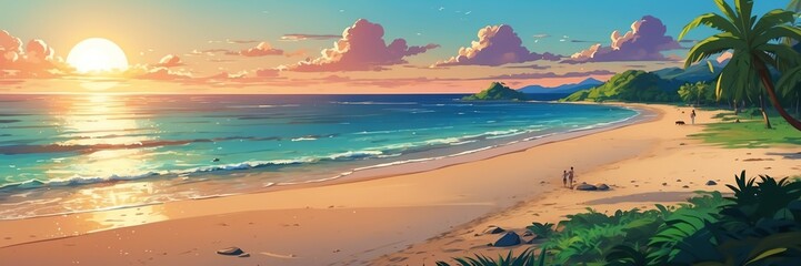 Wall Mural - Wide angle animation anime panoramic landscape of a coconut tree on a beach island at sunset 8 from Generative AI