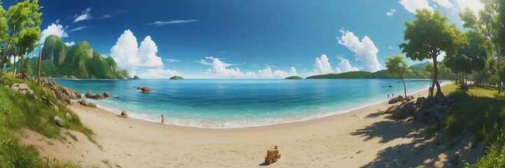 Wall Mural - Wide angle animation anime panoramic landscape of island beach in summer from Generative AI