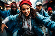 A radiant street dancer with dreadlocks surrounded by a group in sync, celebrating urban culture.