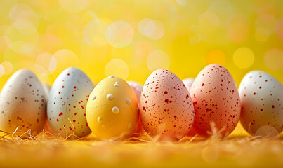 Happy easter colourful easter eggs on yellow background decoration concept for greetings and presents on easter