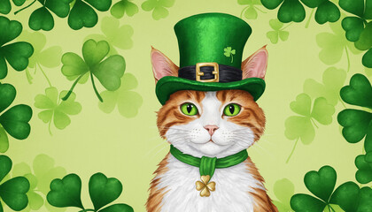 A cat leprechaun wearing a green hat, on a green background with a shamrock. St. Patrick's Day celebrations background with copy space in cartoon style