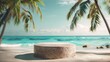 Summer products displayed on a stone plinth at a tropical sea beach. Sandy beach with palm trees and blue sea background