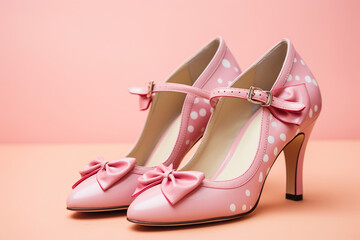 Pink vintage women's shoes with white polka dots. Generated by artificial intelligence