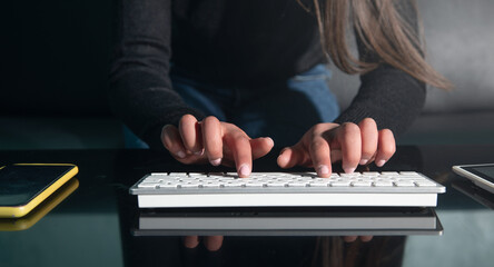 Wall Mural - Caucasian female hands typing in computer keyboard.