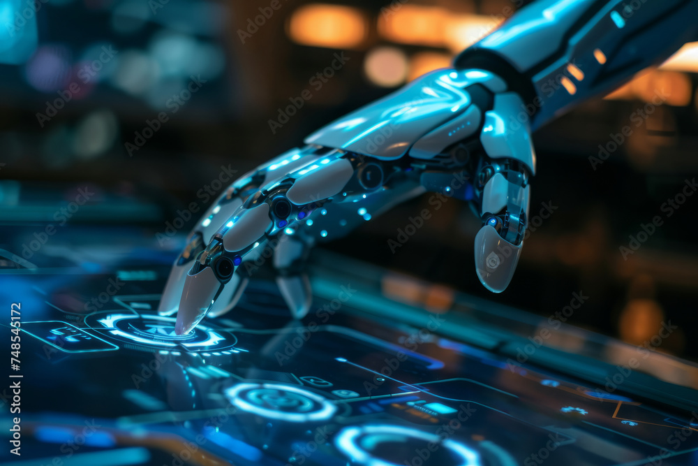 robotic hand pressing an AI button on a touch screen hologram ...