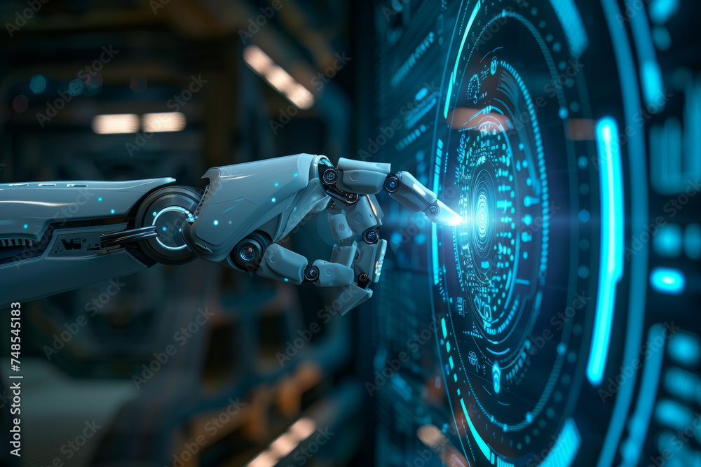 robotic hand pressing an AI button on a touch screen hologram ...