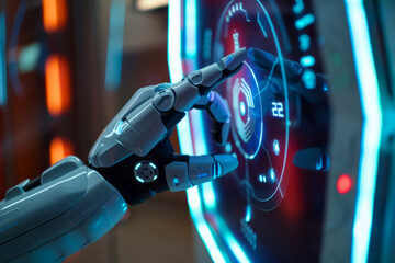 Wall Mural - robotic hand pressing an AI button on a touch screen hologram, symbolizing advancements in technology and AI. integration of robotics and AI into everyday, human-machine interaction.