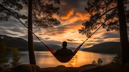 A rear view of the silhouette of a man relaxing in a hammock between two pine trees, enjoying a beautiful view of the lake and the Sunset. Summer Holidays, Travel, Vacations, Landscape concepts.