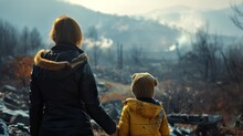 A Woman And Child Holding Hands As They Walk Through A Charred Forest Landscape