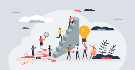 Personal growth and progress with potential success tiny person concept. Personality development with goal achievement and climbing career stairs vector illustration. Effective leadership team work.