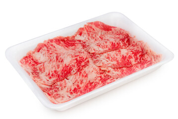 Wall Mural - Close up Red beef, Slices Wagyu beef with marbled texturein packaging isolate on white with clipping path.