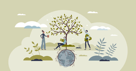 Wall Mural - Environmental wellness and sustainable, green practices tiny person concept. Society responsibility for nature protection and harmony from ecological lifestyle vector illustration. Eco well-being.