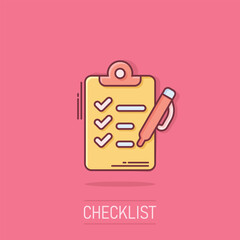 Wall Mural - To do list icon in comic style. Document checklist cartoon vector illustration on isolated background. Notepad check mark splash effect business concept.